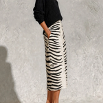Black Collar Knit Top And Zebra Linen Midi Skirt Two‑Piece Set