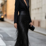 Black Blazer Bodice Sequin Fringe Midi Dress