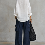 White V-neck Linen Blouse & Navy Wide Leg Pants Two Piece Set