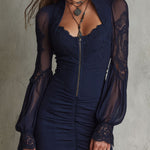 Navy Sheer Lace-panel Sweetheart-neck Mini Dress