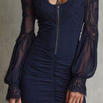 Navy Sheer Lace-panel Sweetheart-neck Mini Dress