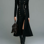 Black Double-Breasted Button Slit Midi Dress