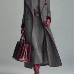 Grey Herringbone Wool Long Coat With Velvet Trim