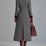 Grey Herringbone Wool Long Coat With Velvet Trim