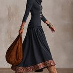 Navy Blue Cowl-neck Maxi Dress With Ethnic Geometric Print