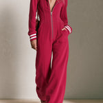 Burgundy Hooded Zip-up Jumpsuit With Striped Cuffs