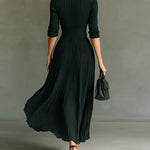 Elvira™ | Long pleated dress with lapel and high waist