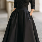 Elegant Black Satin Pleated V-neck A-line Midi Dress