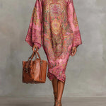 Pink Paisley Print Flared Long Sleeve Loose Midi Dress