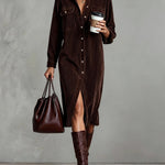 Dark Brown Loose Corduroy Double Chest Pocket Single Breasted Midi Dress