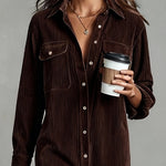 Dark Brown Loose Corduroy Double Chest Pocket Single Breasted Midi Dress