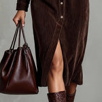 Dark Brown Loose Corduroy Double Chest Pocket Single Breasted Midi Dress