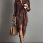 Loose Corduroy Double Chest Pocket Single Breasted Midi Dress