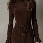 Elegant Dark Brown Suede Drawstring Irregular Midi Dress