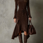 Elegant Dark Brown Suede Drawstring Irregular Midi Dress