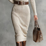 Slim Fit Half Turtleneck V-Neck Long Sleeve Knitted Belted Midi Dress（with belt）