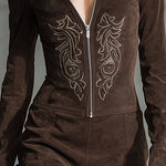 Dark Brown Faux Suede Embroidered Mini Dress