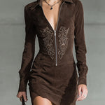 Dark Brown Faux Suede Embroidered Mini Dress