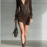 Dark Brown Faux Suede Embroidered Mini Dress
