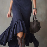 Navy Blue Stand-up Collar Button High-low Hem Maxi Dress(with belt)
