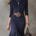 Navy Blue Stand-up Collar Button High-low Hem Maxi Dress(with belt)