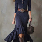 Navy Blue Stand-up Collar Button High-low Hem Maxi Dress(with belt)