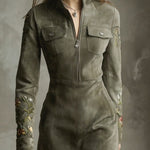 Green Embroidered Faux Suede Half-zip Mini Dress