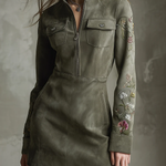 Green Embroidered Faux Suede Half-zip Mini Dress