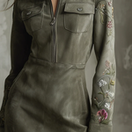 Green Embroidered Faux Suede Half-zip Mini Dress