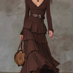 Brown Retro V-neck Multi-layered Ruffled Maxi Dress（With belt）