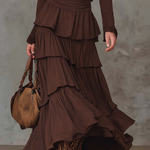 Brown Retro V-neck Multi-layered Ruffled Maxi Dress（With belt）