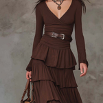 Brown Retro V-neck Multi-layered Ruffled Maxi Dress（With belt）