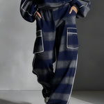 Blue and Gray Plaid Color-blocked Sweatshirt and Casual Pants Two-piece set