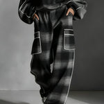Black and Gray Plaid Color-blocked Sweatshirt and Casual Pants Two-piece set