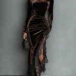 Chocolate Velvet Irregular Hem Lace Fitted Maxi Dress