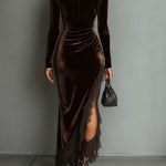 Chocolate Velvet Irregular Hem Lace Fitted Maxi Dress