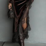 Chocolate Velvet Irregular Hem Lace Fitted Maxi Dress