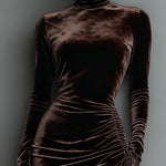 Chocolate Velvet Irregular Hem Lace Fitted Maxi Dress