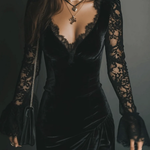 Black Velvet Lace Flared Sleeve Mini Dress