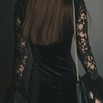Black Velvet Lace Flared Sleeve Mini Dress