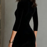 Minimalist V-neck Velvet Fitted Three-quarter Sleeve Mini Dress