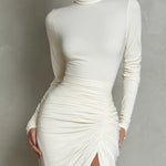 White Turtleneck Long-sleeved Pleated Midi Dress