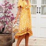 Zeagoo Women's Bohemian Floral Tie Front V Neck Midi Dresses