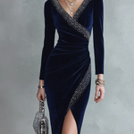 Navy Velvet Embellished Wrap Midi Dress