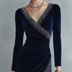 Navy Velvet Embellished Wrap Midi Dress
