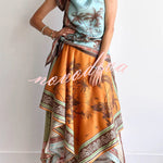 Alberta Satin Unique Color-blocked Print Tie Detail Layered Scarf Midi Dress