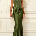 Nasha Floral Sequin Satin Boat Neck Short Sleeve Ruched Mermaid Gown Maxi Dress