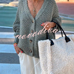 Hestia Knitted Texture Solid Color Button Long Sleeve Relaxed Cardigan