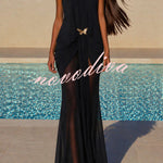 Touch of Drama Mesh Butterfly Metal Clips One Shoulder Backless Maxi Dress
