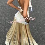 Stylish Halter Neck Lace Up Tassel Pendant Backless Top